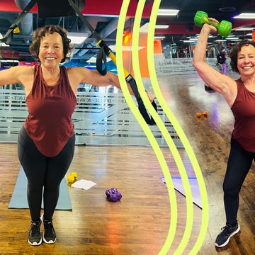 Individual performing a strength training routine using resistance bands and dumbbells. Individual performing a strength training routine using resistance bands and dumbbells.