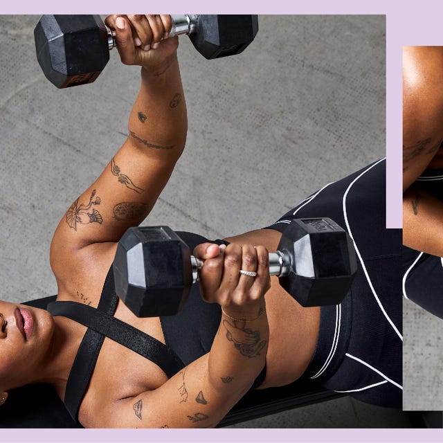 Woman performing strength training with dumbbells in a gym setting.