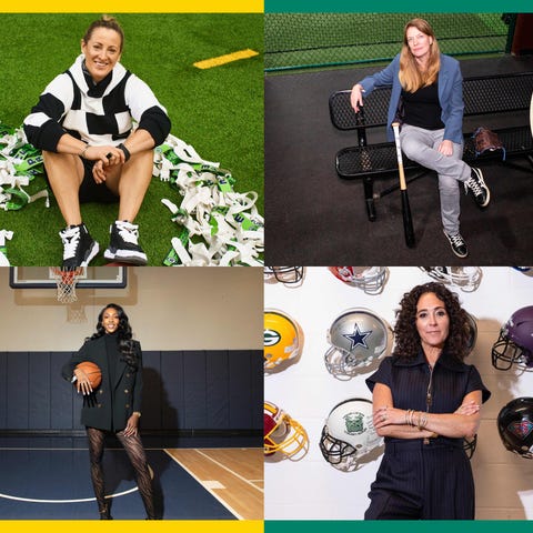 A collage of six individuals participating in various sports-related activities.