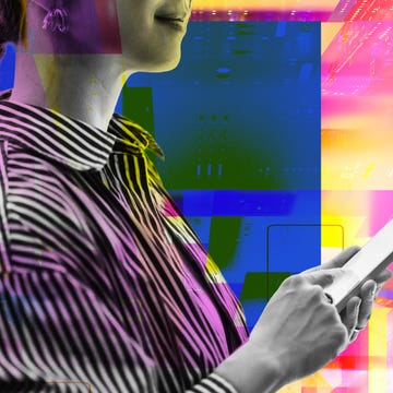 A person holding a smartphone with a colorful abstract digital background.