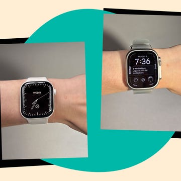 Two smartwatches displayed on wrists, showing different watch faces and features against a colorful background.