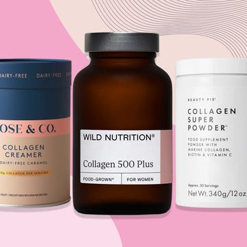 three collagen supplement products on a pink background. best collagen supplement