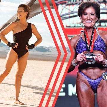 Woman posing in desert in black swimsuit; same woman holding award in bodybuilding competition.