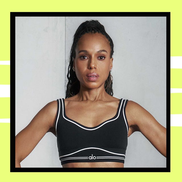 A person in a black athletic top poses confidently against a light background with dynamic design elements.