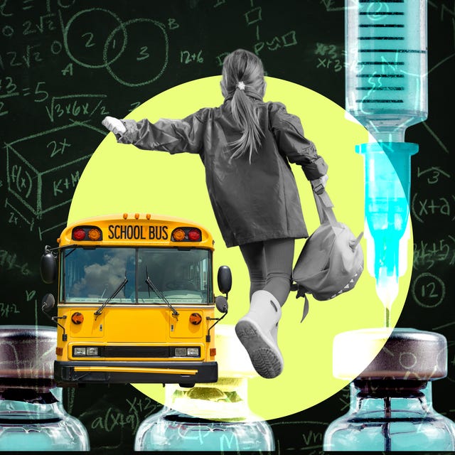 A student jumping with a backpack in front of a school bus and medical vials, set against a chalkboard background.