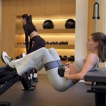 Hailey Bieber in a gold strapless top beside Hailey Bieber exercising in a gym.