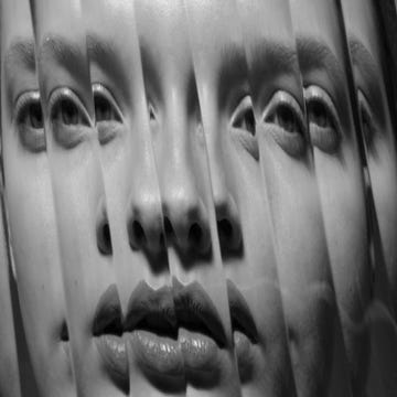 Multiple overlapping faces creating a layered effect. Multiple overlapping faces creating a layered effect.