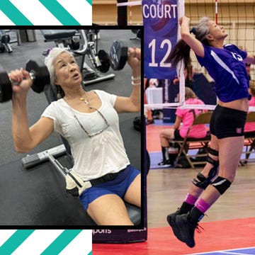 A woman exercising with dumbbells and another playing volleyball, showcasing strength and athleticism.