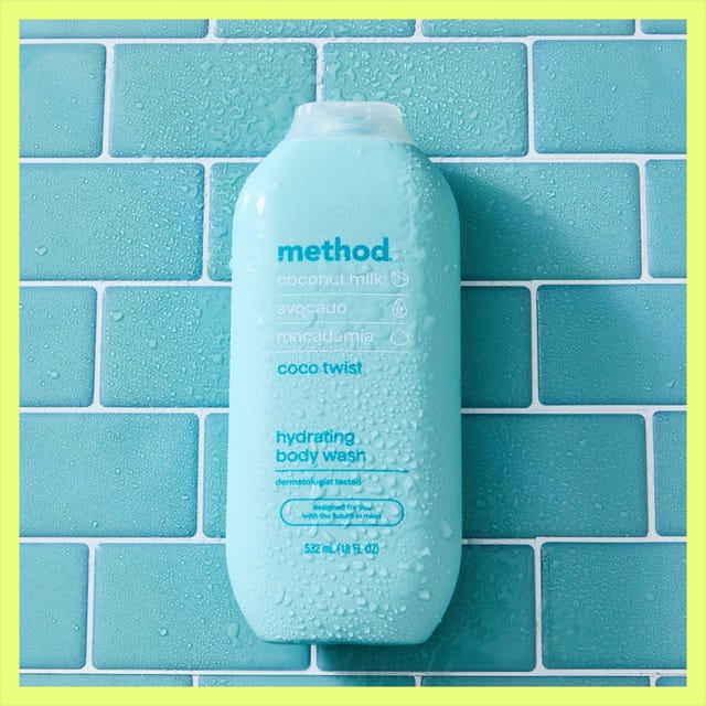 Hydrating body wash bottle in aqua with coconut milk, avocado, and macadamia scent, placed against a turquoise background.