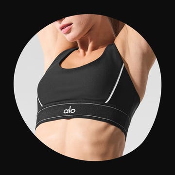 Two images of a woman wearing a black athletic sports bra, showcasing different styles and fits.