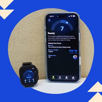 Smartphone and smartwatch displaying fitness and sleep metrics with a blue background.
