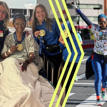 Three women with medals celebrate, one in a hospital bed, alongside a runner crossing a finish line at a marathon.
