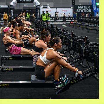 Two dynamic scenes of athletic women: one rowing intensely indoors and the other running energetically outdoors.
