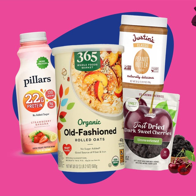 A collection of fitness and health products on a vibrant pink background, including oats, protein drink, and workout equipment.