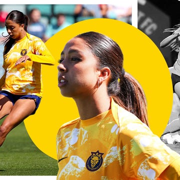Soccer player in action wearing a yellow jersey, surrounded by vibrant design elements and celebrating with teammates.