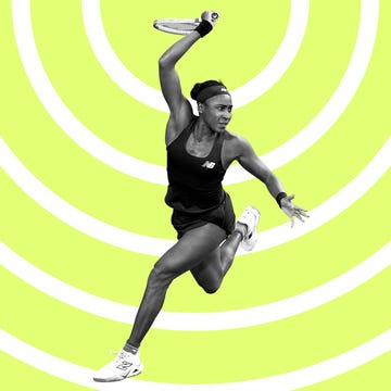 Athlete in action, poised to strike a tennis ball with a racket against a vibrant yellow background.