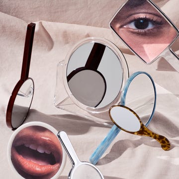 a collection of various handheld mirrors with images of facial features
