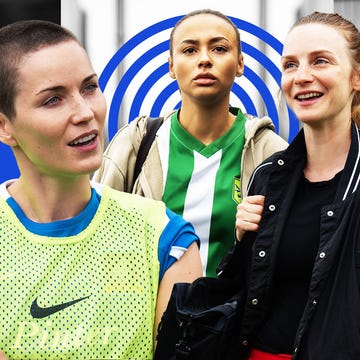 Three women in athletic attire on a sports field, showing expressions of determination and camaraderie. Three women in athletic attire on a sports field, showing expressions of determination and camaraderie.