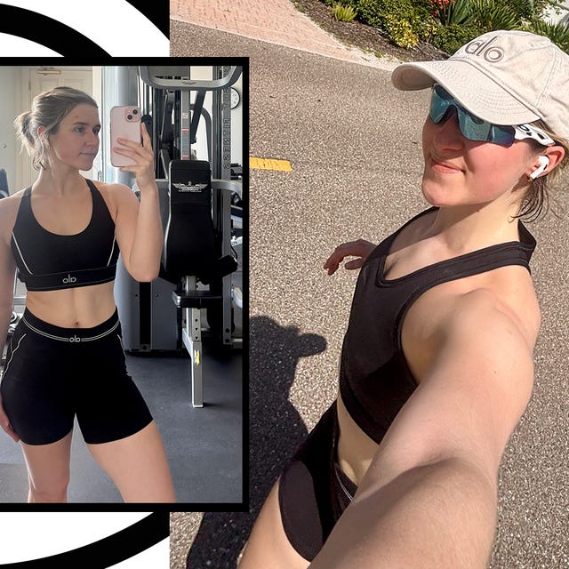 Two self-portraits of a woman in athletic wear, one in a gym and the other outdoors, highlighting a fitness lifestyle.