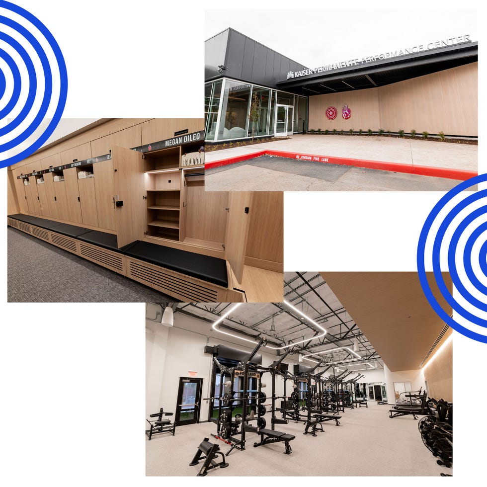 Interior of a modern performance center featuring gym equipment, lockers, and an exterior view of the facility.