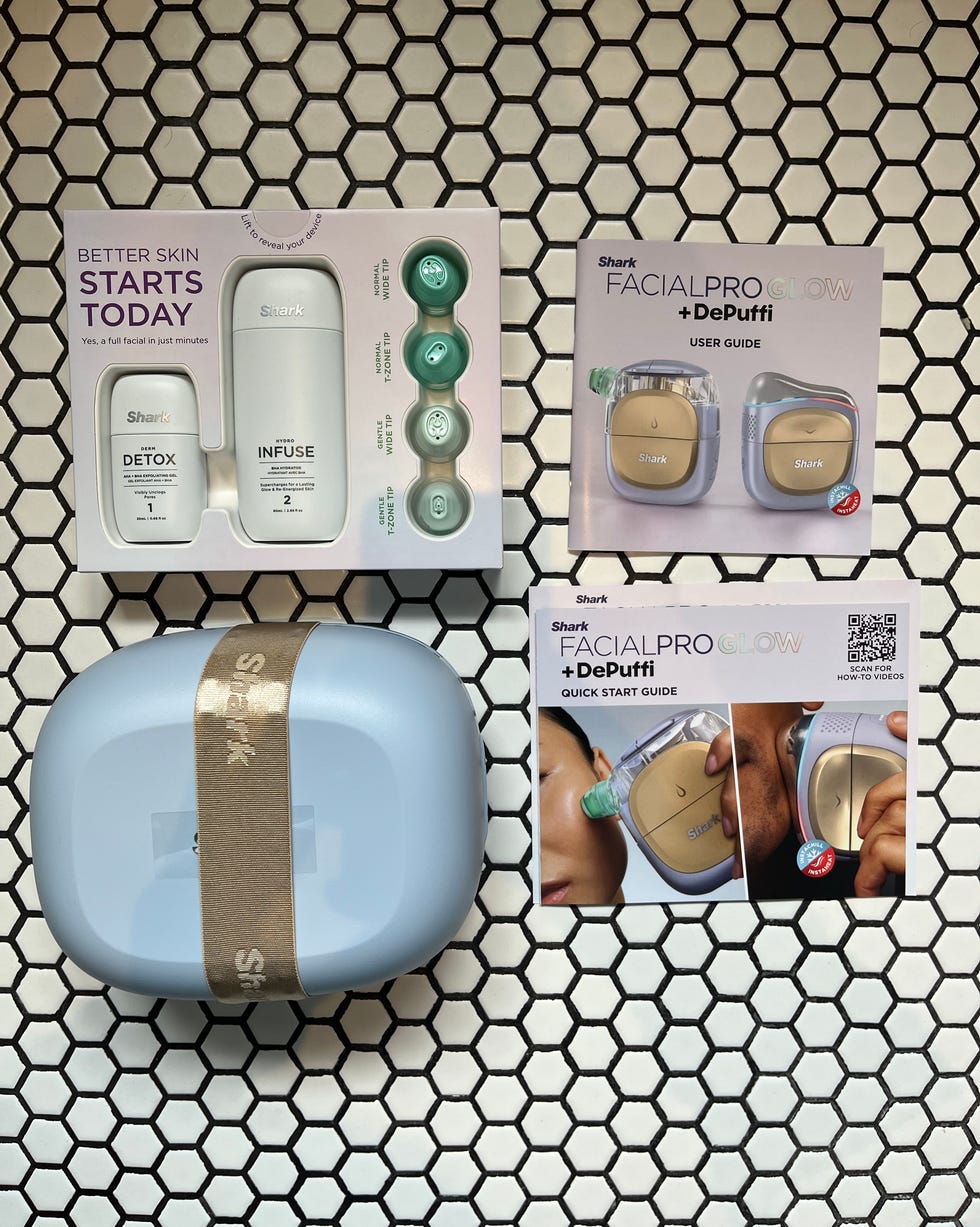 skincare set and guides on hexagonal tile background. shark facialpro glow review