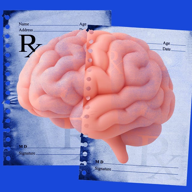 A graphic of a human brain on prescription papers against a blue background.