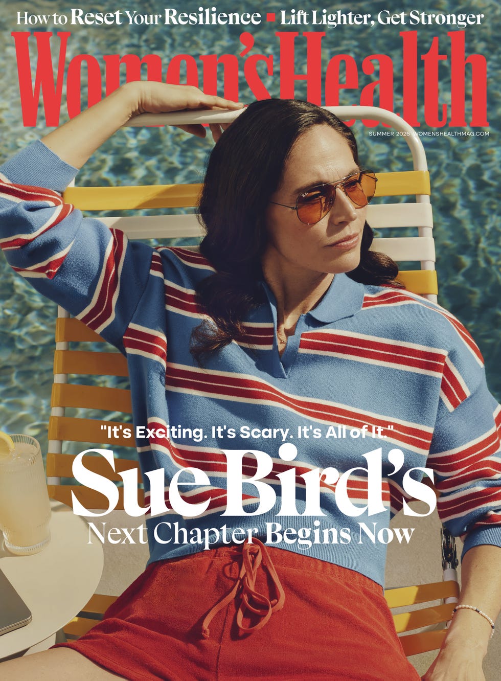 Women's Health magazine cover, Sue Bird relaxing by a pool.