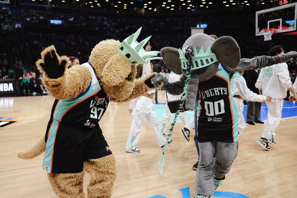 Two sports mascots dancing together on a basketball court, one resembling a bear and the other an elephant wearing costumes. Two sports mascots dancing together on a basketball court, one resembling a bear and the other an elephant wearing costumes.