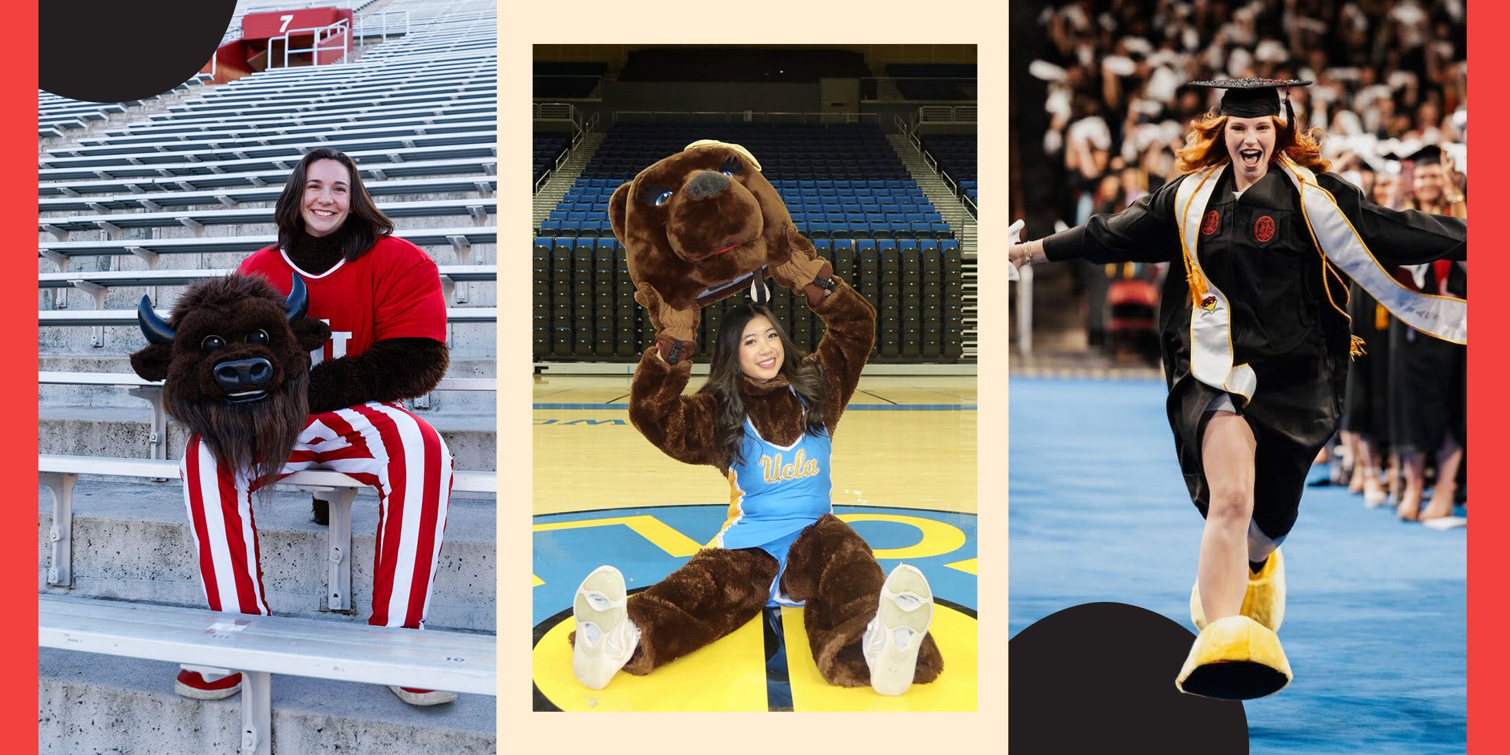 Three people in different costumes, one in a stadium, one on a basketball court, and a graduate celebrating.