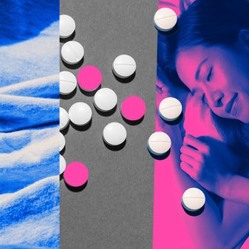 Collage of pills and a sleeping person in vibrant colors