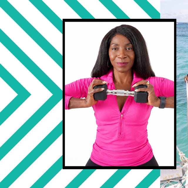 A woman in a pink outfit lifting weights beside a beach scene of her in a bikini on a boat.
