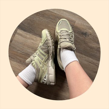 Two styles of athletic shoes displayed: one white pair and one beige pair worn with white socks. Two styles of athletic shoes displayed: one white pair and one beige pair worn with white socks.