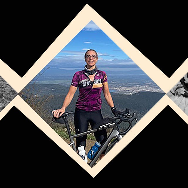 Three images of cycling: a cyclist on the road, a cyclist standing with a bike outdoors, and a close-up of a bike pedal.
