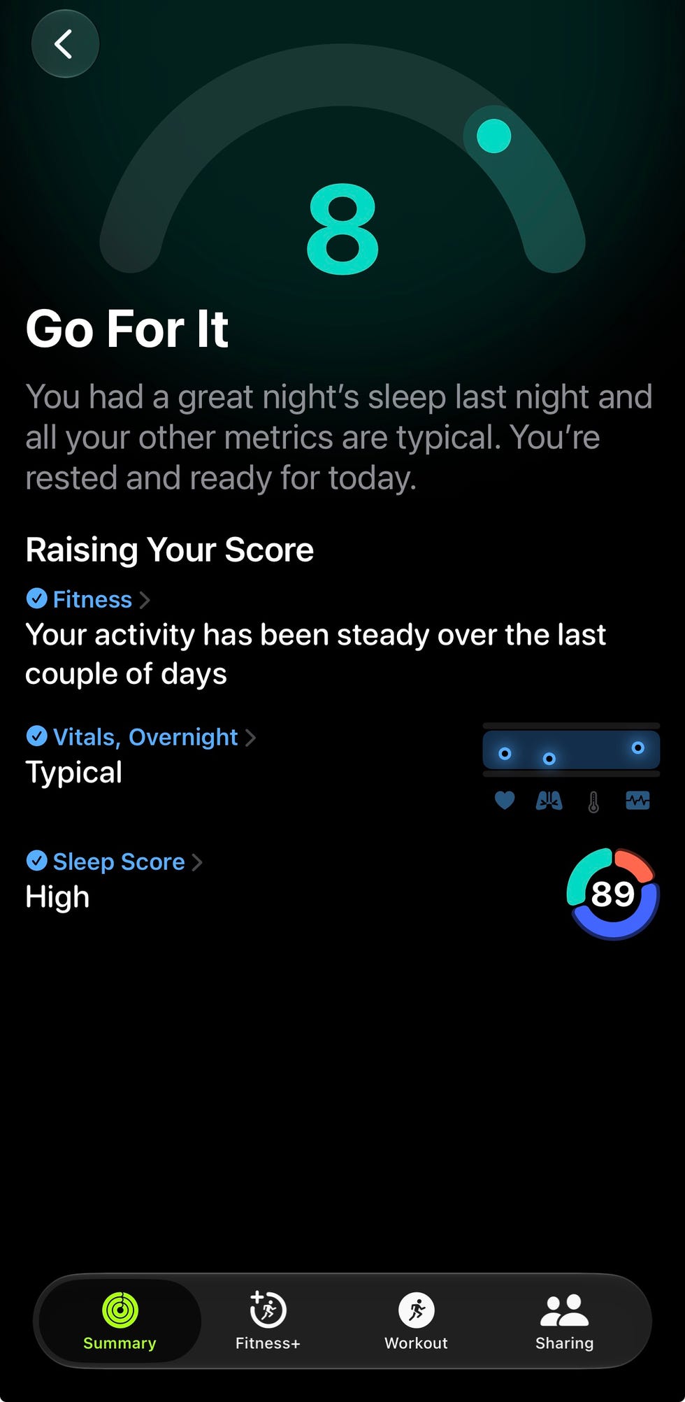 Sleep score dashboard showing high score of 89 and typical fitness activity over the last few days.