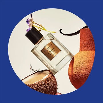 Two perfume bottles displayed against contrasting colorful backgrounds. Two perfume bottles displayed against contrasting colorful backgrounds.