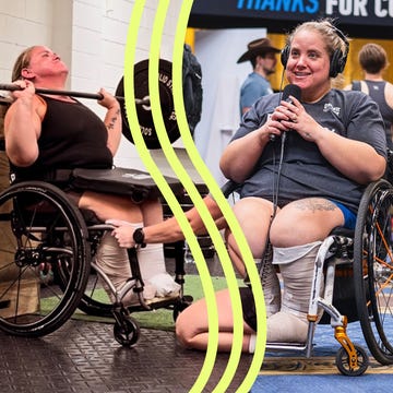 A female athlete with disabilities lifting weights in a wheelchair and speaking into a microphone at an event.