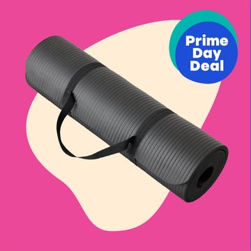 Yoga mat and green kettlebell with a text label for a Prime Day deal.