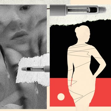 Collage featuring medical vials, a smartphone, abstract faces, and a silhouette of a person with graphic elements.