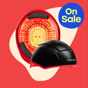 Dual images of iRestore hair restoration devices, showcasing one model on sale with vibrant colors and the other in a sleek case.