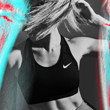 Athlete in a black sports bra with motion blur effects and vibrant colors.