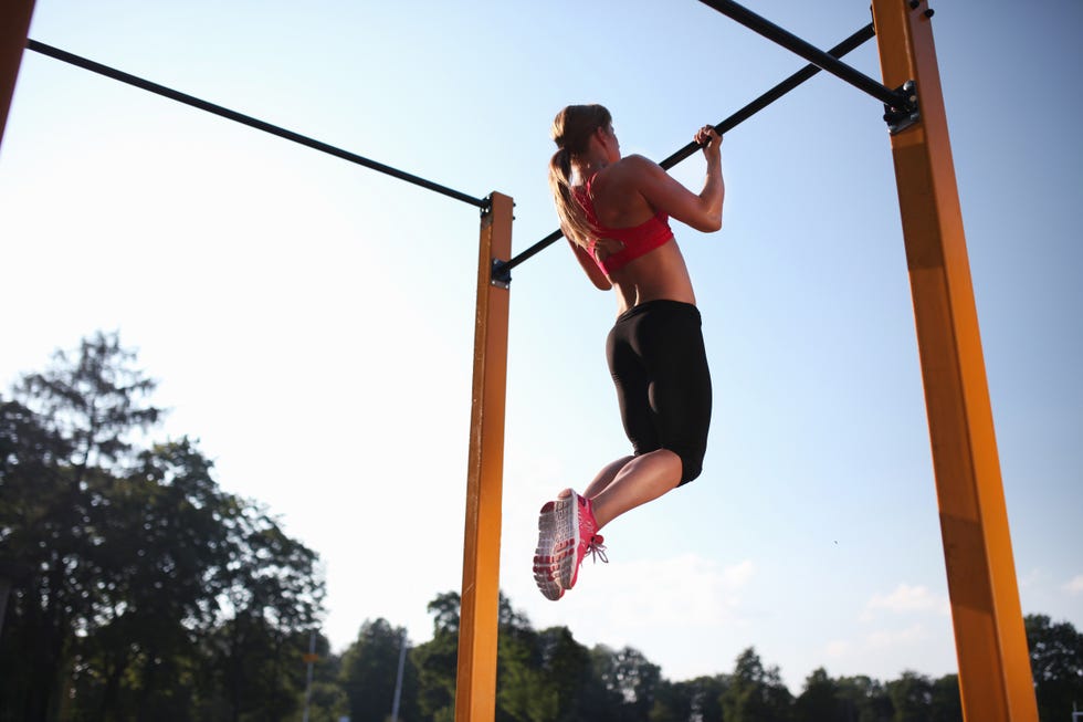 Girl training on chin-up bar outdoor Girl training on chin-up bar outdoor