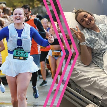 Smiling runner at marathon; in hospital bed, giving peace signs with wristbands. Smiling runner at marathon; in hospital bed, giving peace signs with wristbands.