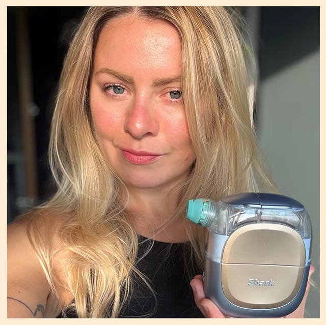 Shark skincare device and products held by a woman with blonde hair, showcasing skincare routine essentials.