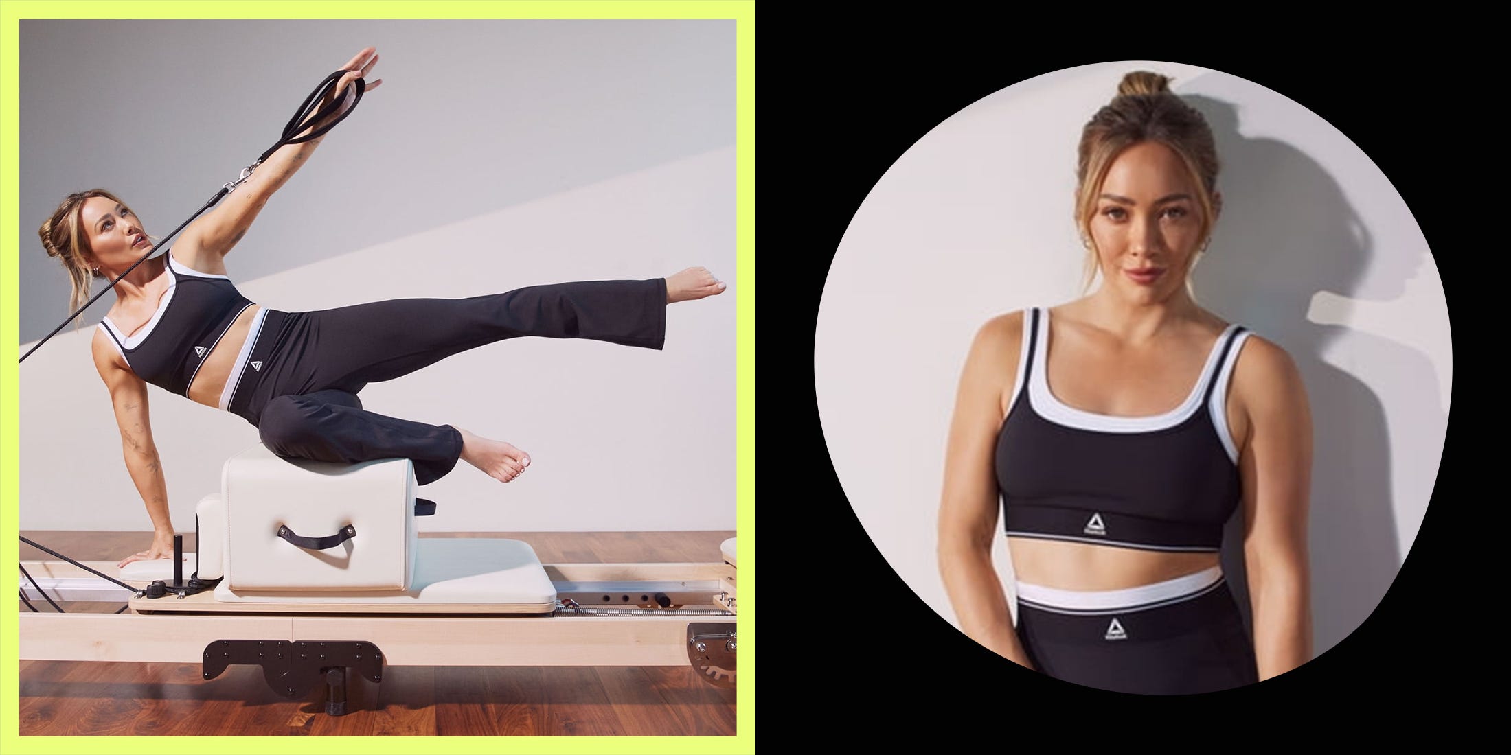 A woman performing a Pilates exercise on a reformer with resistance bands in a workout setting. A woman performing a Pilates exercise on a reformer with resistance bands in a workout setting.