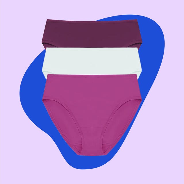 Assorted women’s underwear in purple, white, and pink colors displayed against colorful backgrounds.