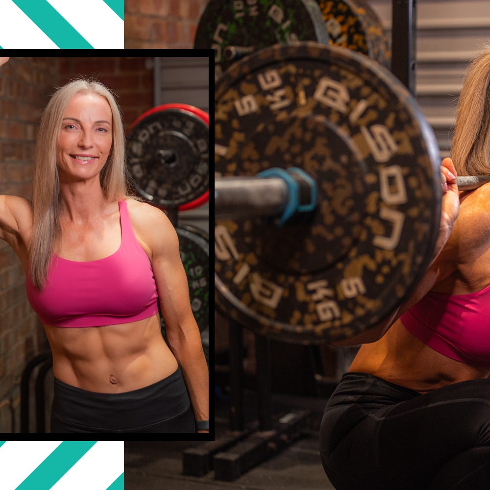 A fit woman in a pink sports bra performs a squat with a barbell in a gym setting.