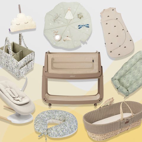 assorted baby products including crib, pillow, and sleeping bag on a pastel background baby nursery essentials