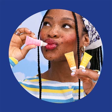 Three colorful lip balms next to a person applying one while holding two others, set against vibrant backgrounds. Three colorful lip balms next to a person applying one while holding two others, set against vibrant backgrounds.