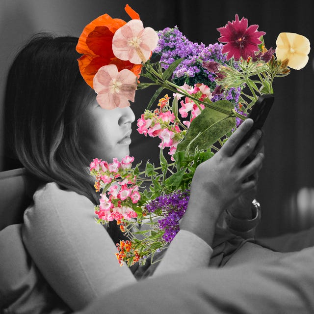 A person in bed interacting with a phone, surrounded by vibrant flowers in a surreal, artistic composition.