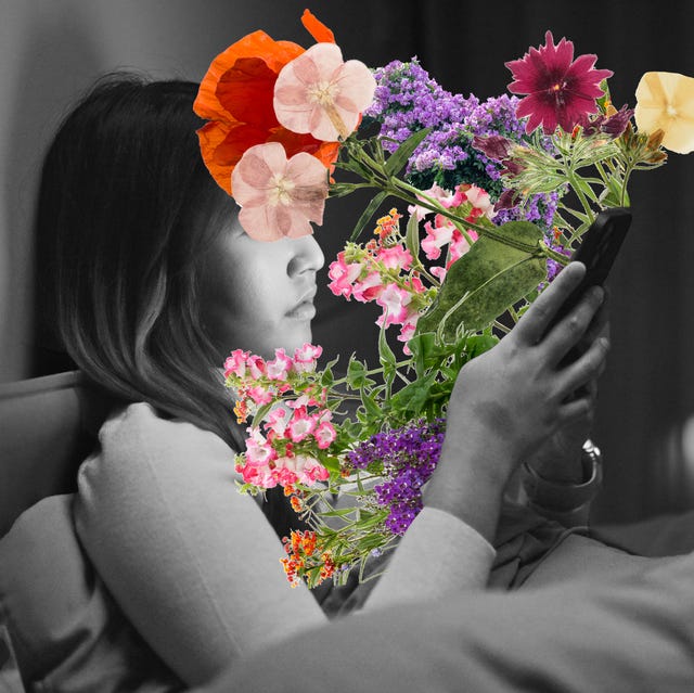 A person in bed interacting with a phone, surrounded by vibrant flowers in a surreal, artistic composition. A person in bed interacting with a phone, surrounded by vibrant flowers in a surreal, artistic composition.